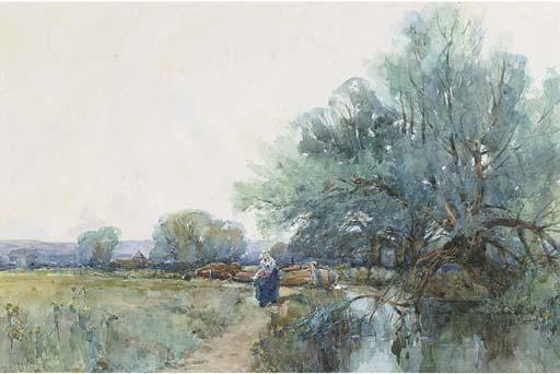 George Charles Haité, R.I. - Low tide in the harbour; and On the river towpath (illustrated)