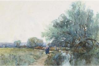 George Charles Haité, R.I. - Low tide in the harbour; and On the river towpath (illustrated)