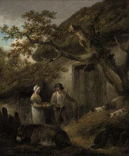 George Charles Morland - A man and a woman outside a cottage with pigs and a donkey
