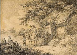 George Charles Morland - Figures on a pony before a thatched cottage