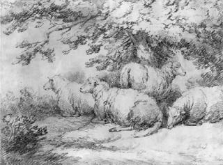 George Charles Morland - Sheep resting beneath trees