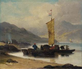 George Chinnery, R.H.A. - A Junk and Tanka boats by the shore, Macao