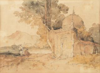 George Chinnery RHA - Figures by a tomb in Bengal