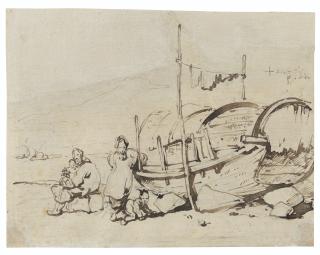 George Chinnery - A beached Tanka boat with Tanka women and children; a sketch of Tanka boats (verso)