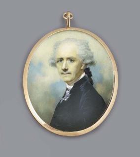 George Chinnery - A gentleman, facing left in black coat, lace cravat, powdered hair en queue