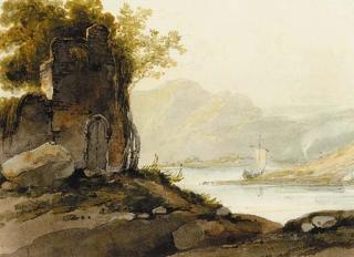 George Chinnery - A ruin on a hillside with a view of a pulwar on a lake in the distance