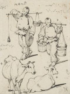 George Chinnery - A sheet of studies of figures and cows