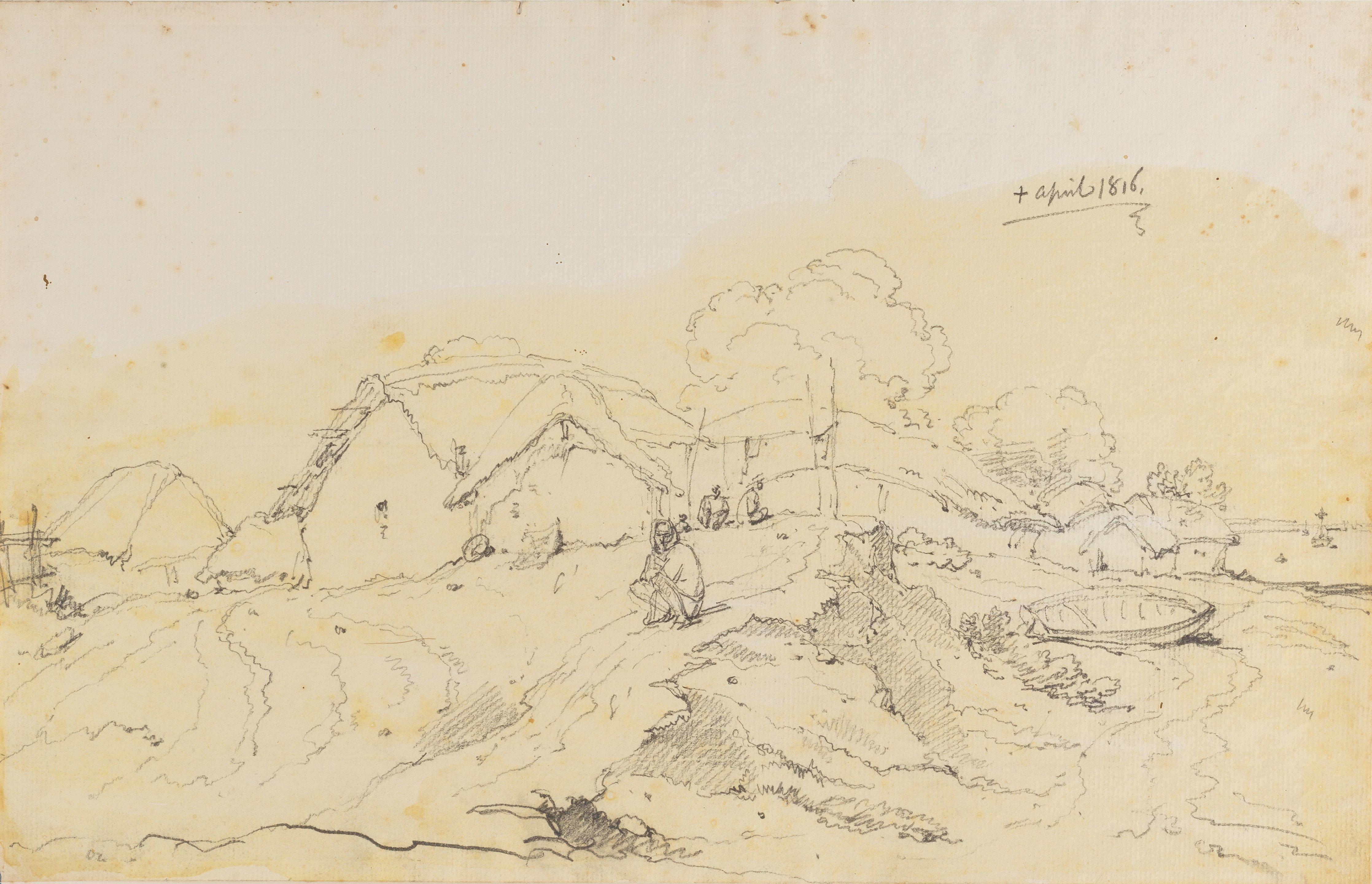 George Chinnery - A study of Indian dwellings and figures