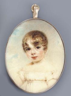 George Chinnery - A young girl, facing right in white dress, brown curling hair; sky and cloud background