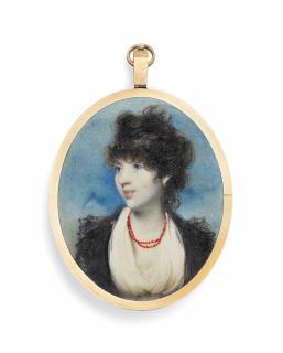 George Chinnery - A Young Lady, In White Dress And Fichu, A Black Lace Coat And Coral Necklace, Upswept Curling Hair; Sky Background