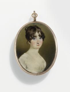 George Chinnery - Anne Thompson, née Bryan, in décolleté white muslin dress with pleated muslin chemise and shoulder-fastening button, her curling chestnut hair worn à l\'antique