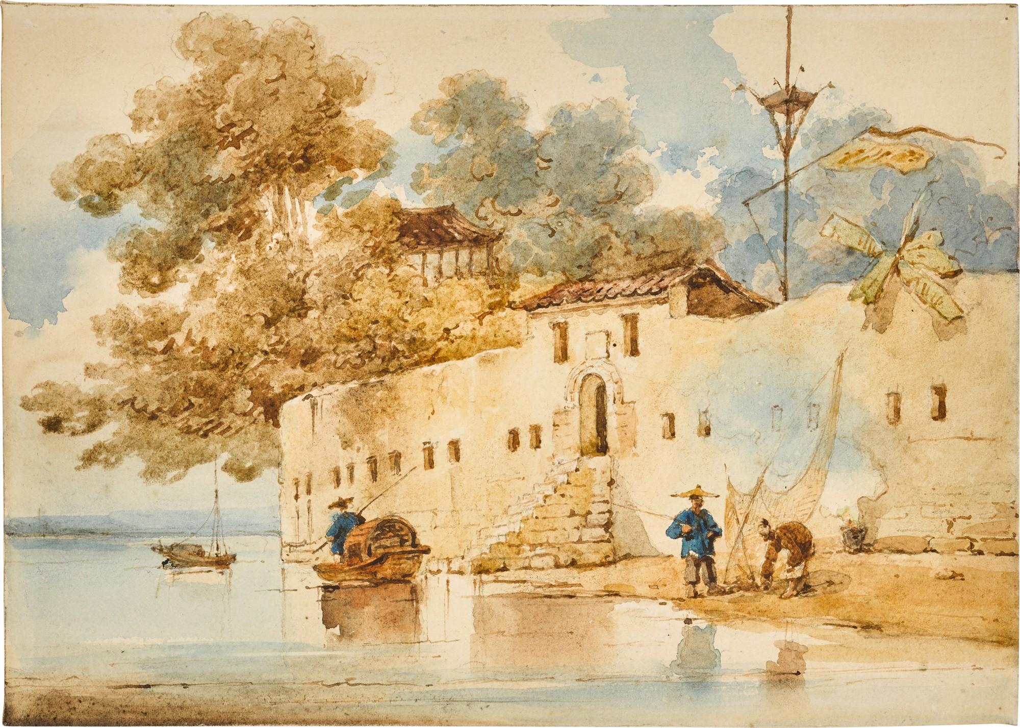 George Chinnery - Boat and people near a fort in Canton