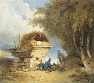 George Chinnery - Chinese Peasants Cooking By A Junk