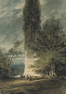 George Chinnery - Figures and cattle beneath a ruin