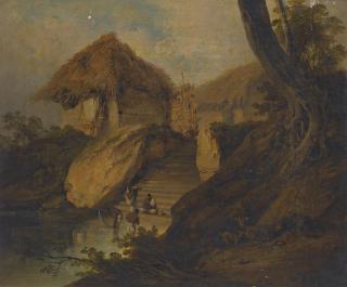 George Chinnery - Figures Washing In A River With Thatched Huts Behind, Bengal, India