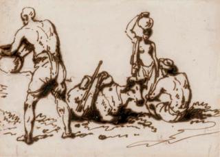 George Chinnery - Indian figures with a recumbent brahmin bull