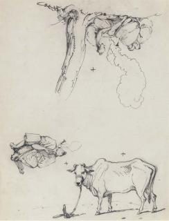 George Chinnery - Oriental Landscape With Two Cows Resting Before A Hut (Recto); And Studies of Oriental Figures And A Cow (Verso, Illustrated)