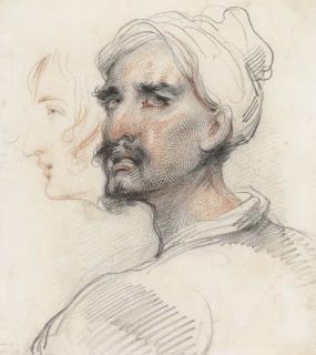 George Chinnery - Portrait of a man in a turban, in three-quarter profile, turned to the left and a subsiduary study of a woman\'s head
