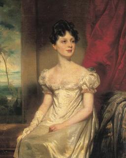 George Chinnery - Portrait of Lady Jane Bruce, three-quarter-length, in a white dress, an Eastern landscape beyond
