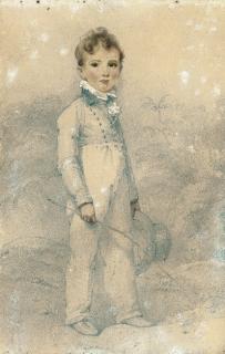 George Chinnery - Portrait of William Anthony Barlton, as a young boy, standing full-length, in a tropical landscape