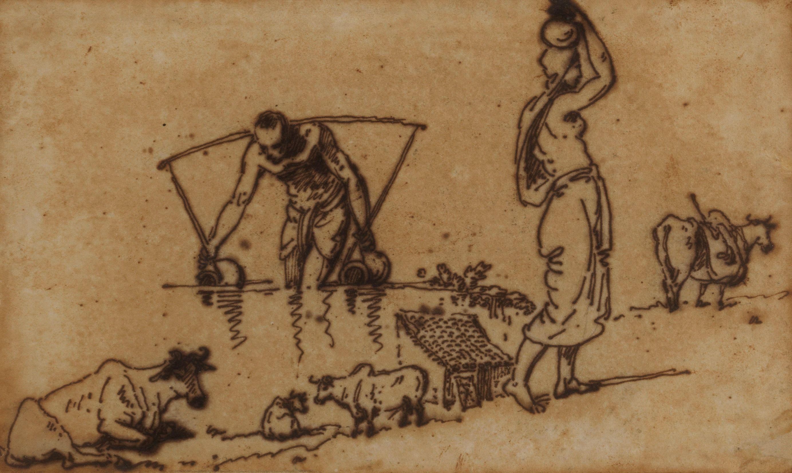 George Chinnery - Studies of water bearers and cows, India