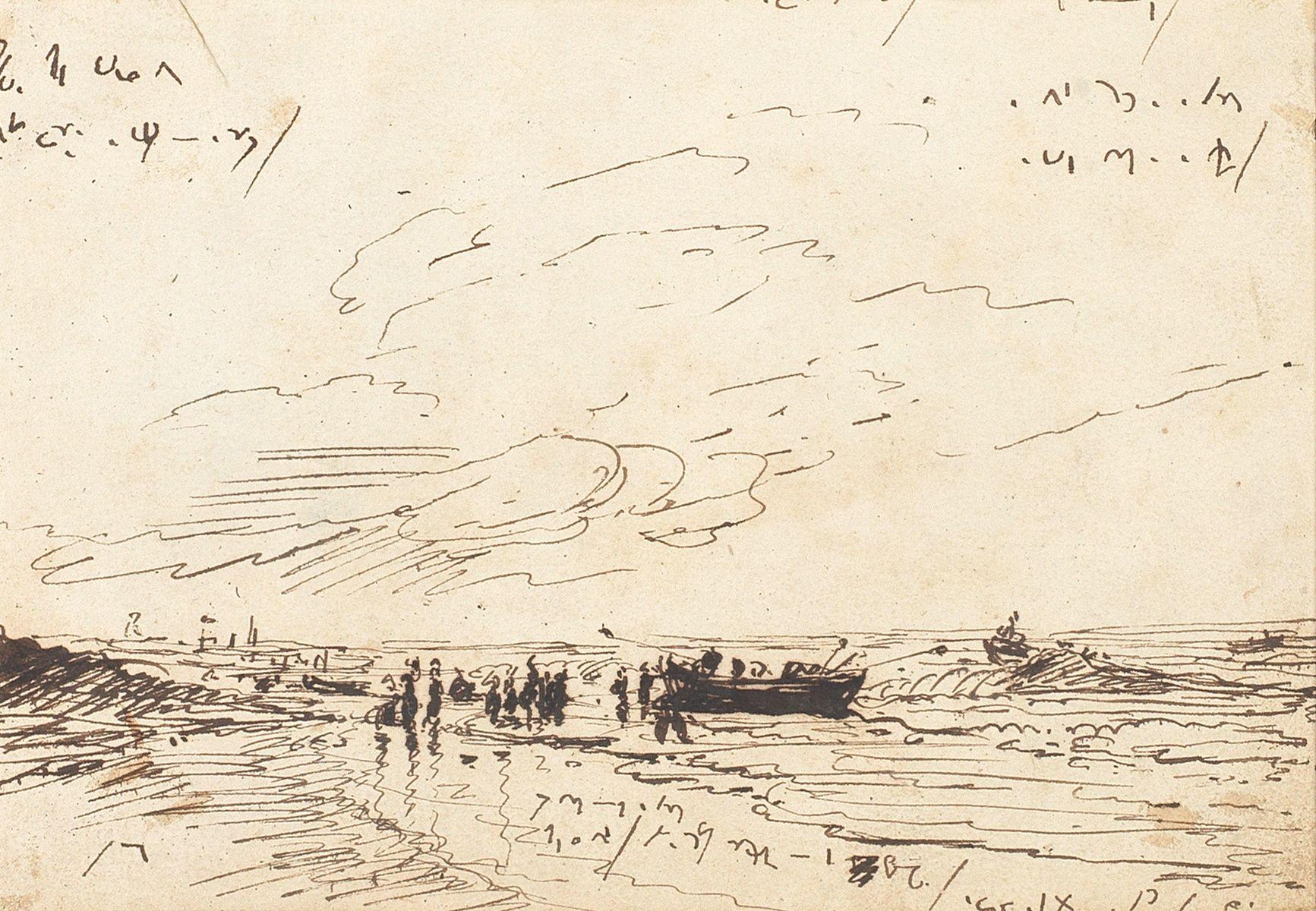 George Chinnery - Study of a beach with figures and small boats, thought to be in Madras