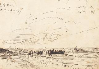 George Chinnery - Study of a beach with figures and small boats, thought to be in Madras