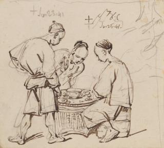 George Chinnery - Study of a Chinese street hawker and two customers