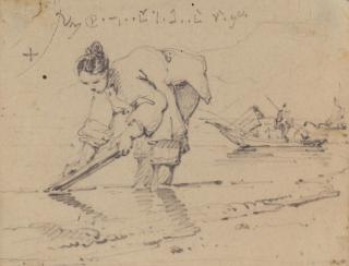 George Chinnery - Study of a Chinese woman washing clothes on a beach, a tanka boat beyond
