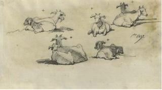 George Chinnery - Study of goats (illustrated); Figures in a landscape; and Cattle before a barn