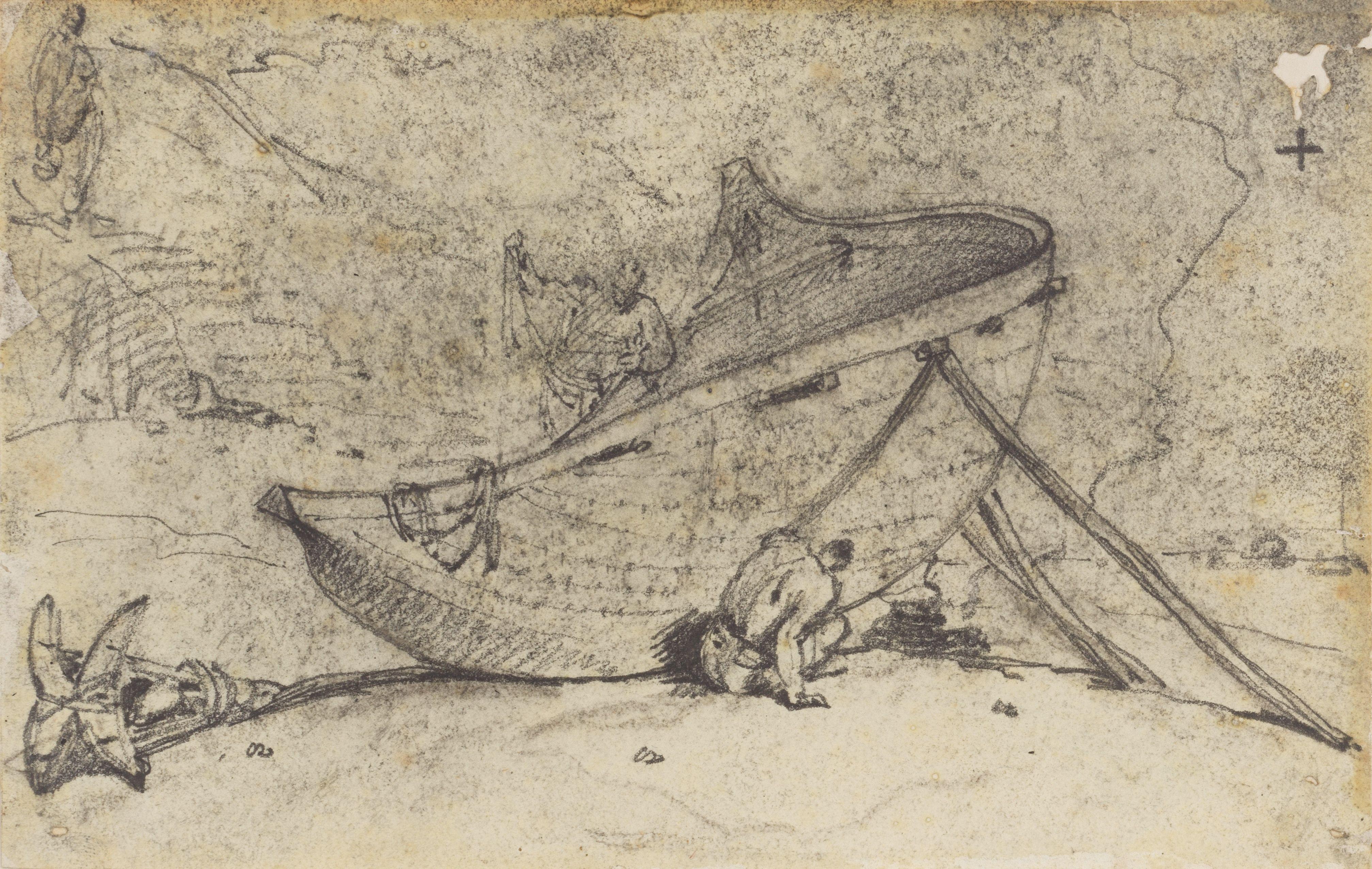 George Chinnery - Study of two Indian men tending to a boat; Study of an Indian man and a cow