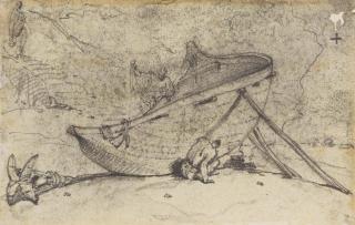 George Chinnery - Study of two Indian men tending to a boat; Study of an Indian man and a cow