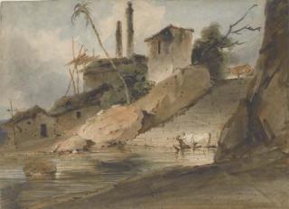 George Chinnery - Une figure assise avec une vache au bord d\'un réservoir