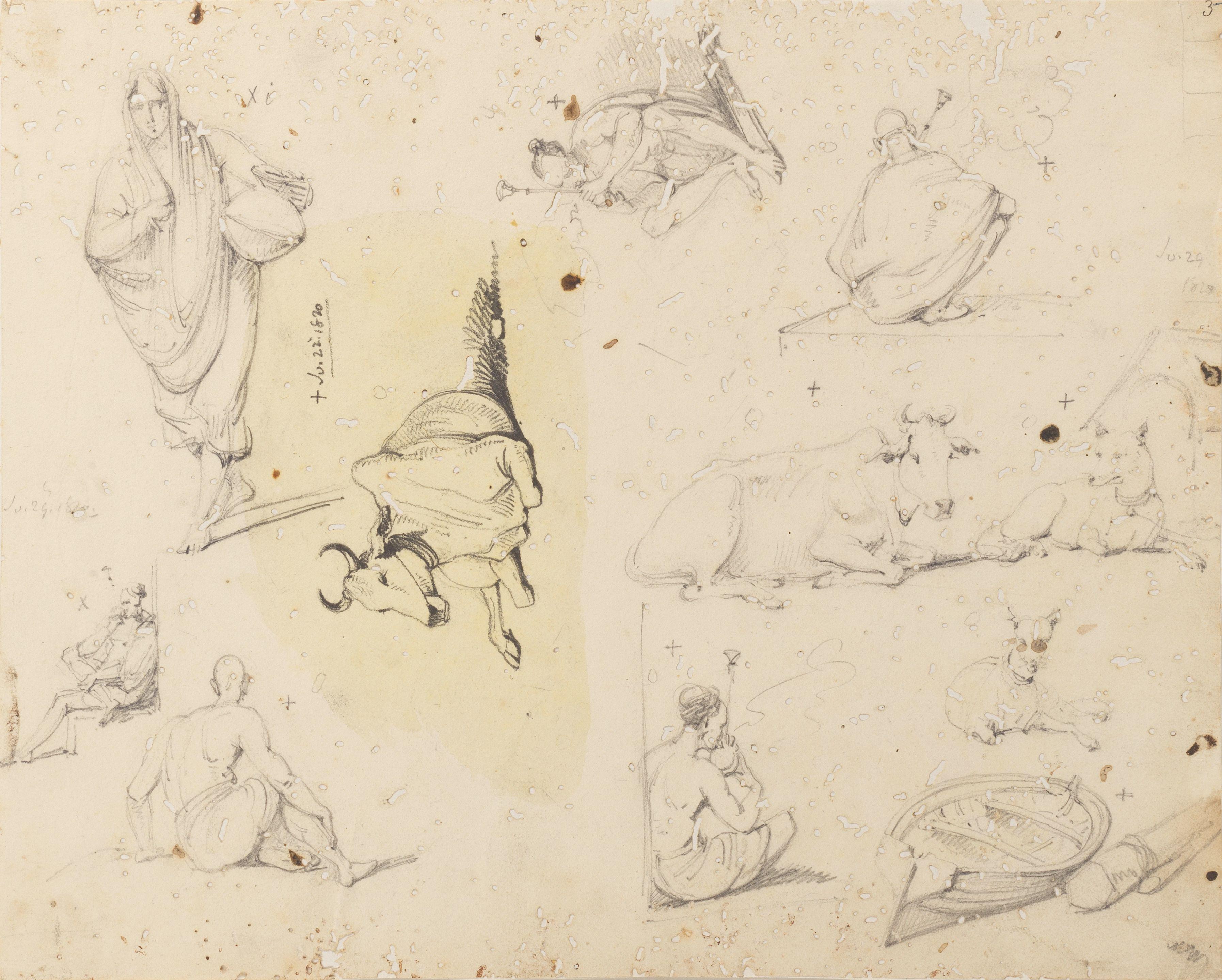 George Chinnery - Various studies of Indian figures and cows