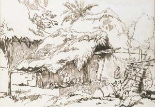 George Chinnery - Water carriers and other Indian figures, beneath a bridge; and Indian figures and cattle outside a hut