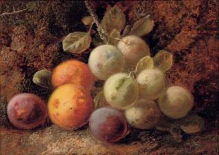 George Clare - A bird\'s nest and hawthorn blossom; and Plums and greengages