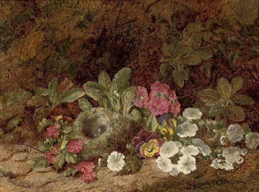 George Clare - A bird\'s nest with primulas, pansies and blossom on a mossy bank