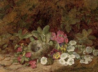 George Clare - A bird\'s nest with primulas, pansies and blossom on a mossy bank