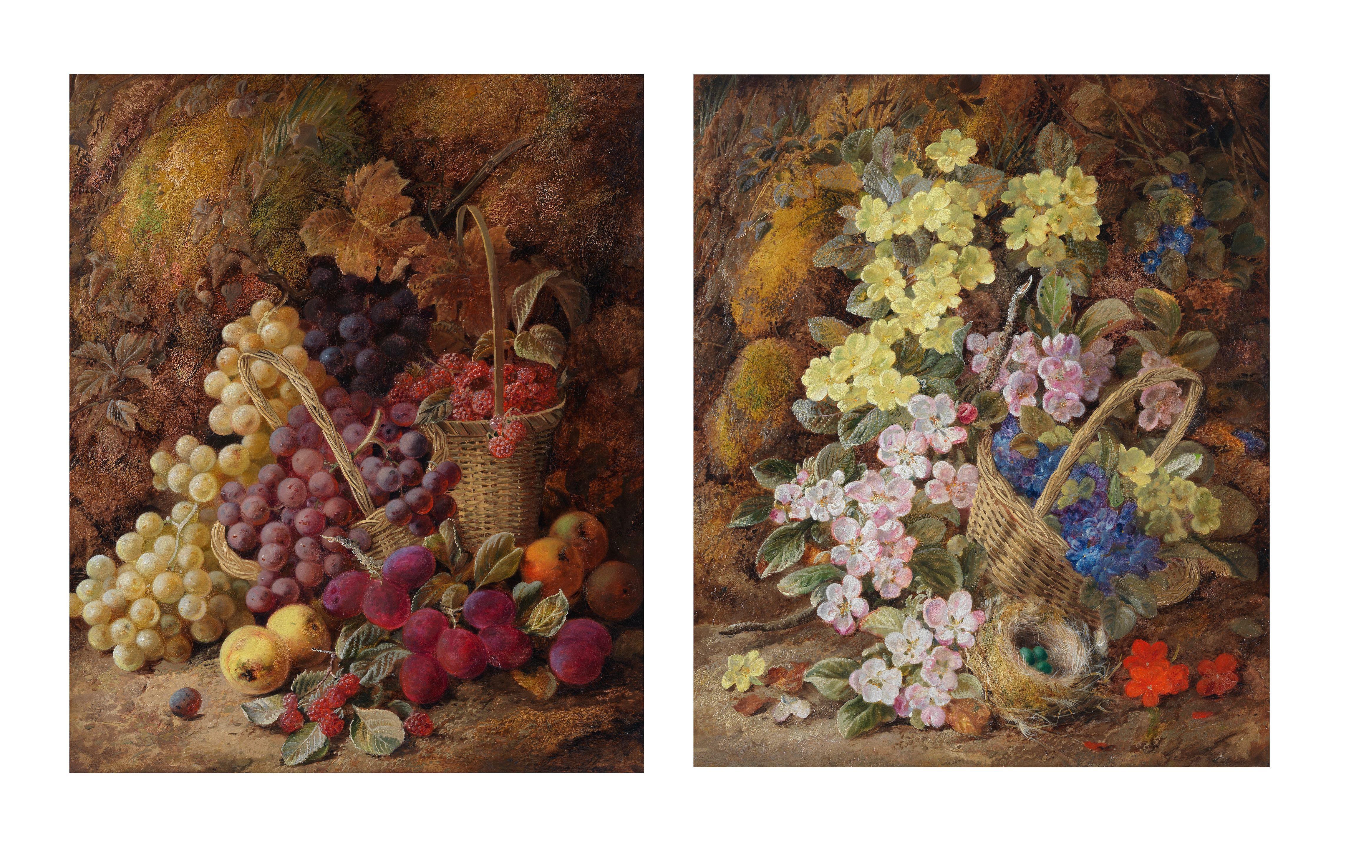 George Clare - A pair of still lifes including a basket of fruits and an array of flowers each 59 x 46 cm (23 1/4 x 18 1/8in) (2)