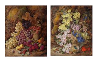 George Clare - A pair of still lifes including a basket of fruits and an array of flowers each 59 x 46 cm (23 1/4 x 18 1/8in) (2)
