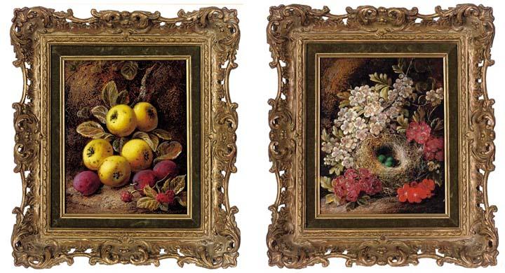 George Clare - Apple blossom, a bird\'s nest with eggs on a mossy bank; and Apples, plums and raspberries on a mossy bank