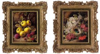 George Clare - Apple blossom, a bird\'s nest with eggs on a mossy bank; and Apples, plums and raspberries on a mossy bank