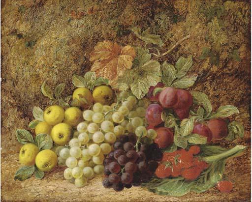 George Clare - Apples, grapes, plums and strawberries on a mossy bank