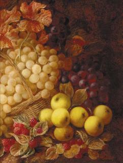 George Clare - Apples, grapes, raspberries, and a wicker basket, on a mossy bank