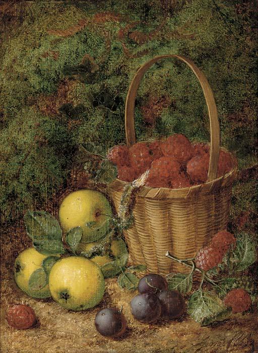 George Clare - Apples, plums, and raspberries in a wicker basket, on a mossy bank
