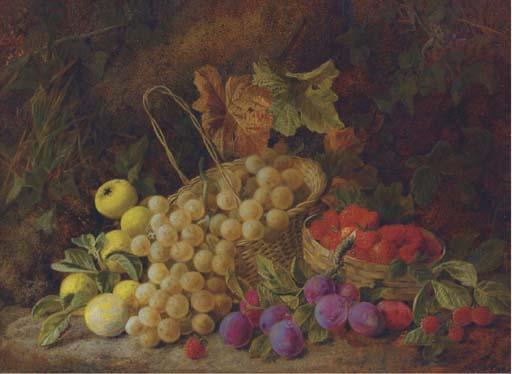 George Clare - Grapes, Plums, Strawberries And Crab Apples On A Mossy Bank