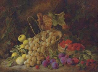 George Clare - Grapes, Plums, Strawberries And Crab Apples On A Mossy Bank