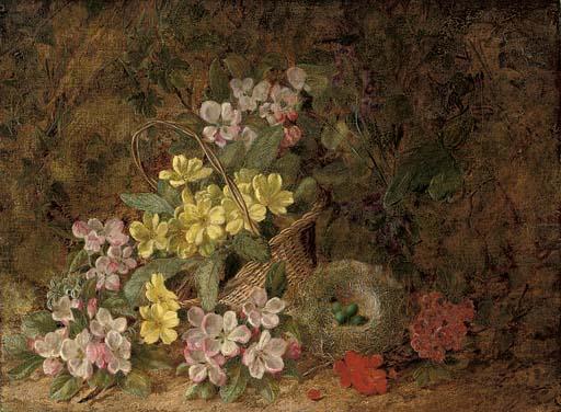 George Clare - Hawthorn blossom, primroses and a bird\'s nest on a mossy bank