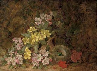 George Clare - Hawthorn blossom, primroses and a bird\'s nest on a mossy bank