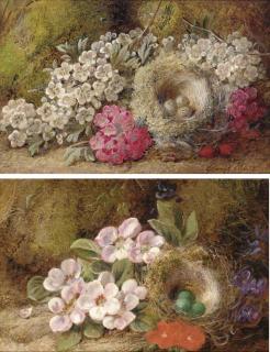 George Clare - May Blossom, Berries And A Bird\'S Nest With Eggs, On A Mossy Bank; And Apple Blossom And A Bird\'S Nest With Eggs, On A Mossy Bank